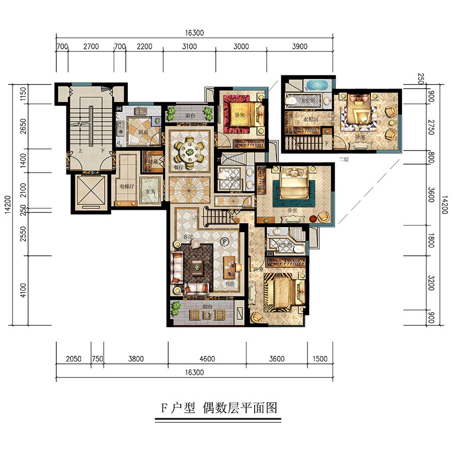 F戶型 偶數層平面圖 建筑面積: